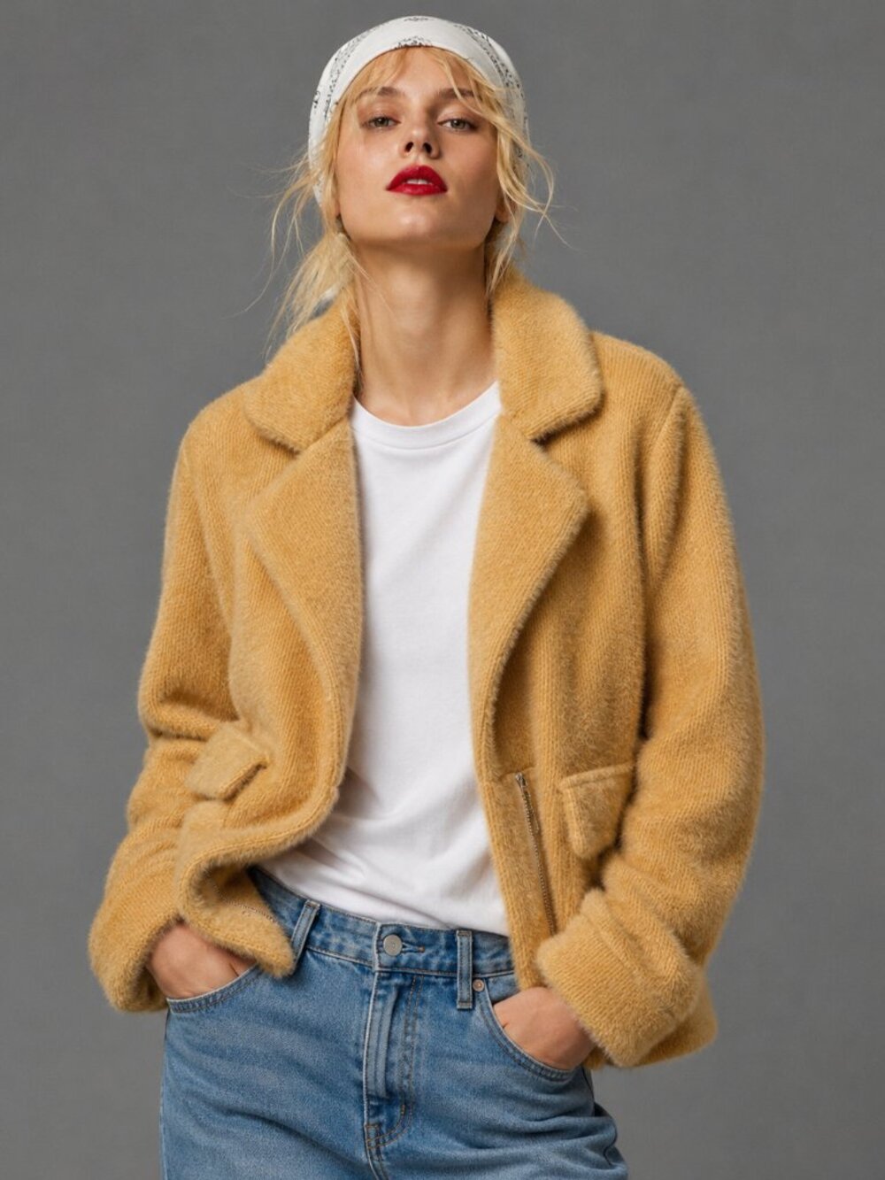 Y2K Cropped Teddy Sherpa Jacket Faux Fur Zip Up Coat Yellow